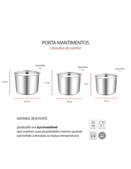 Porta Mantimentos Inox Lata Pote Tampa Armazenar 3L 2L e 1L