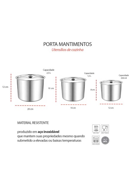 Porta Mantimentos Inox Lata Pote Tampa Armazenar 2,5L 1,5L 650ml