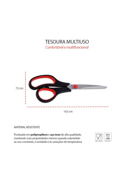 Tesoura Cozinha Multiuso Culinaria Inox Preto Vermelho