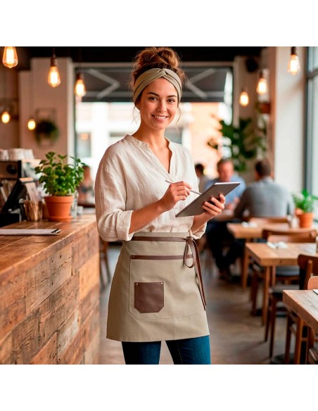 Avental de Cintura Bege Curto Couro Marrom Legítimo Barista