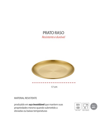 Prato Raso Dourado Sobremesa Lanche Buffet Aço Inox 17cm