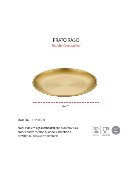 Prato Raso Dourado Bandeja Servir Buffet Restaurante Aço 26cm