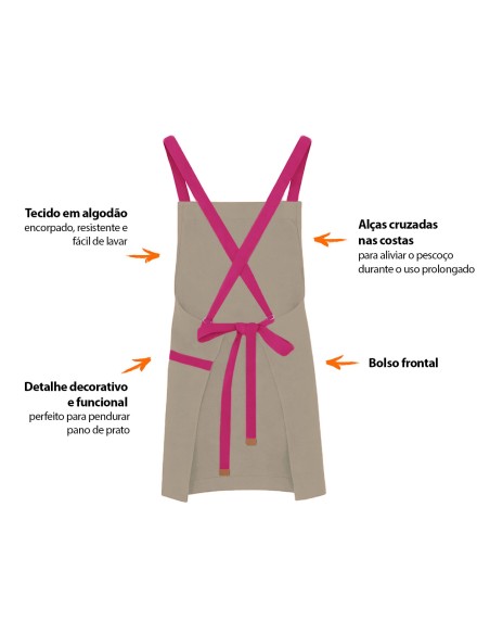 Avental Bege Alça Cruzada Rosa Pink Restaurante Cafeteria