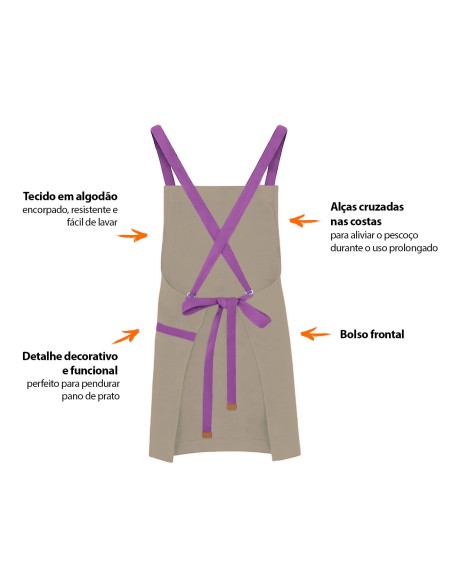 Avental Bege Alça Cruzada Roxo Restaurante Cafeteria Bar