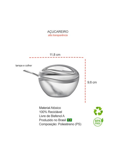Açucareiro com Tampa e Colher Porta Açucar Transparente