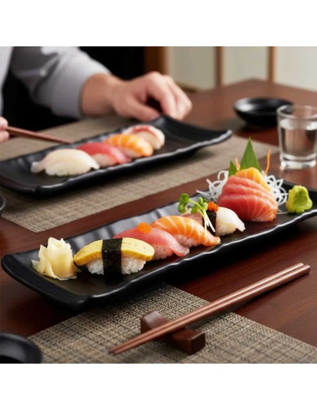 Travessa Prato Petisqueira Preto Melamina Sushi Lanches 24cm