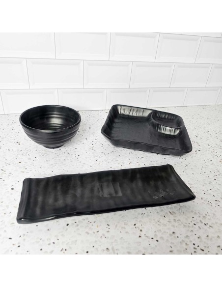 Travessa Prato Petisqueira Preto Melamina Sushi Lanches 24cm