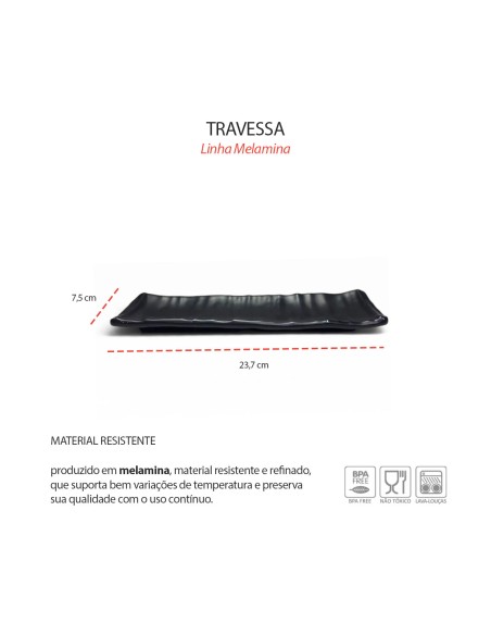 Travessa Prato Petisqueira Preto Melamina Sushi Lanches 24cm