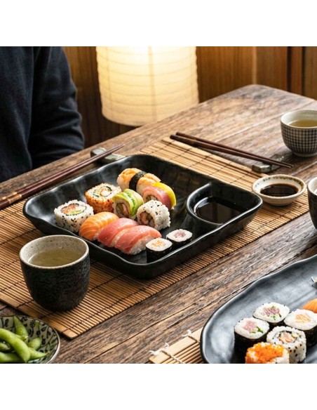 Petisqueira Prato Quadrado Preto Melamina Sushi Shoyu Bar