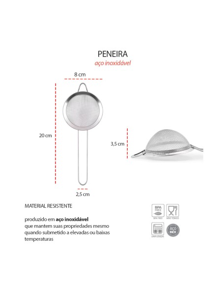 Peneira Pequena Aço Inox Cabo Cozinha Confeitaria 8cm