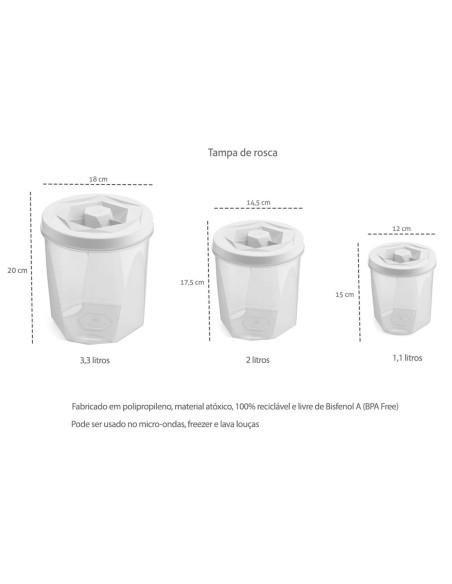 Porta Mantimentos Branco Tampa Rosca Pote Plastico 3un