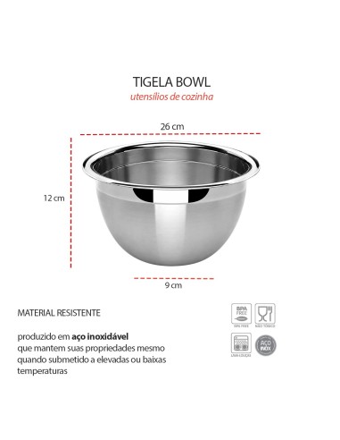Tigela Bowl Aço Inox Escovado e Borda Polida 26cm
