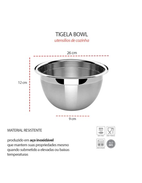 Tigela Bowl Aço Inox Escovado e Borda Polida 26cm