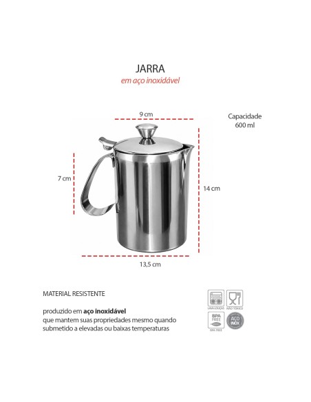 Jarra Tampa Inox Cafeterias Restaurante Leite Sucos 600ml