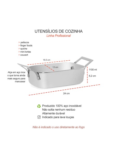 Travessa Mini Alça Inox Couvert Servir Entradas Buffet 1,1L