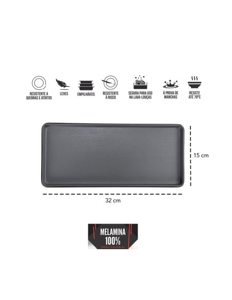 Bandeja Prato Lanches Petisqueira Retangular Preto Melamina 32cm