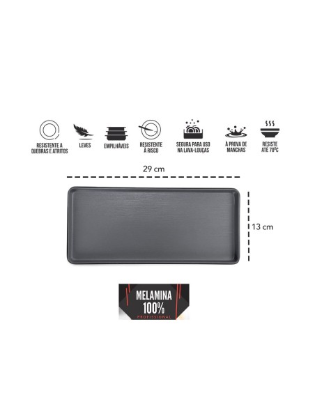 Bandeja Prato Lanches Retangular Petisqueira Preto Melamina 29cm