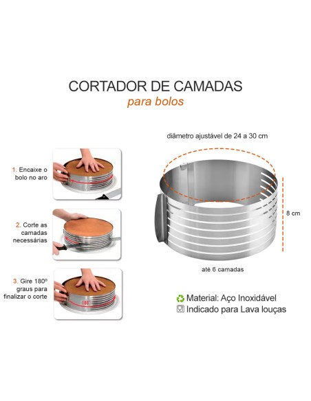 Cortador de Bolo Molde Camadas Ajustavel Aro Inox 24 a 30cm