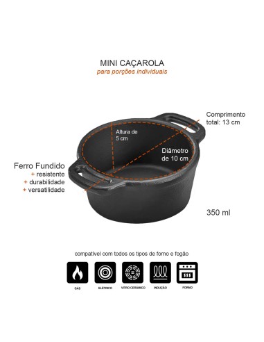 Panela Mini Caçarola Tampa Ferro Fundido Fogao...