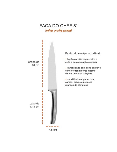 Faca Chef Cozinha 8" Profissional Lamina Aço Inoxidavel