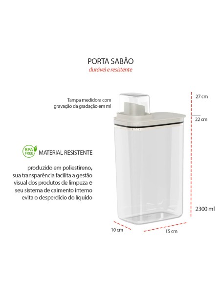 Porta Sabao Liquido e Po Dispenser 2,3L Bege Tampa Medidora