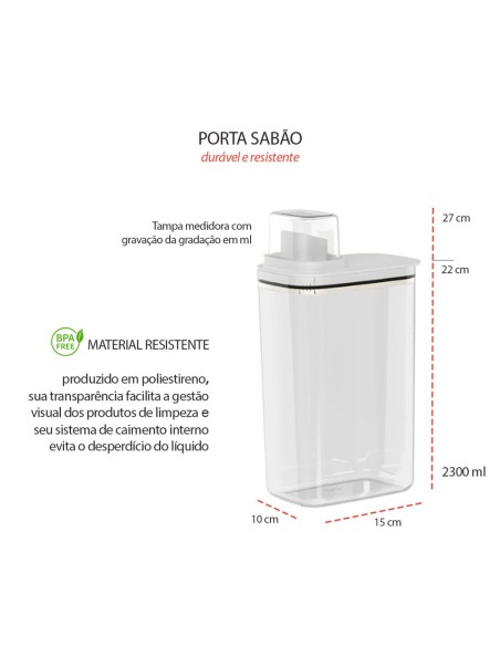 Porta Sabao Liquido Po Dispenser 2,3L Branco Tampa Medidora