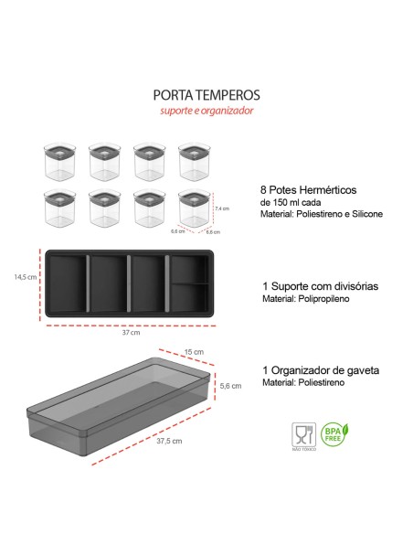 Porta Temperos Suporte e Organizador Gaveta Kit Preto