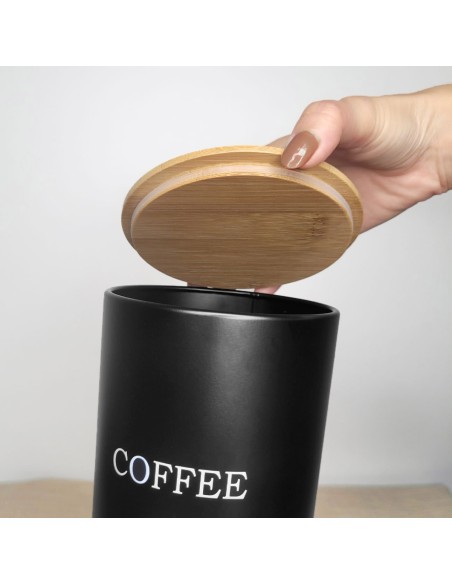 Pote Cafe Porta Mantimento Aço Preto Tampa Bambu Lata 1,4L