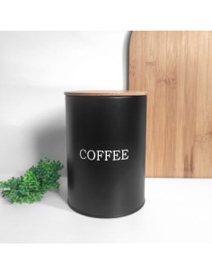 Pote Cafe Porta Mantimento Aço Preto Tampa Bambu Lata 1,4L 2