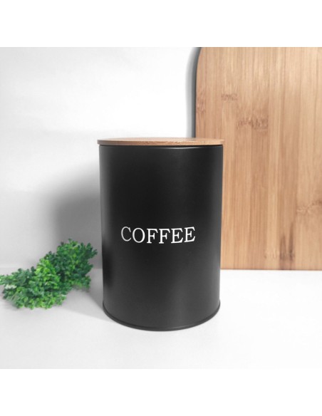 Pote Cafe Porta Mantimento Aço Preto Tampa Bambu Lata 1,4L