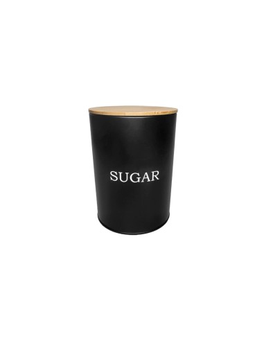 Pote Açucar Porta Mantimento Aço Preto Tampa Bambu Lata 1,4L