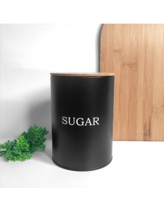 Pote Açucar Porta Mantimento Aço Preto Tampa Bambu Lata 1,4L 2