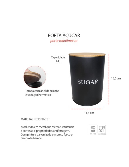 Pote Açucar Porta Mantimento Aço Preto Tampa Bambu Lata 1,4L
