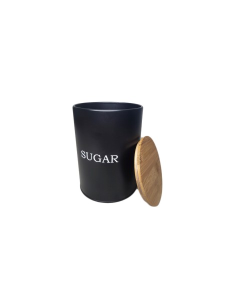 Pote Açucar Porta Mantimento Aço Preto Tampa Bambu Lata 1,4L