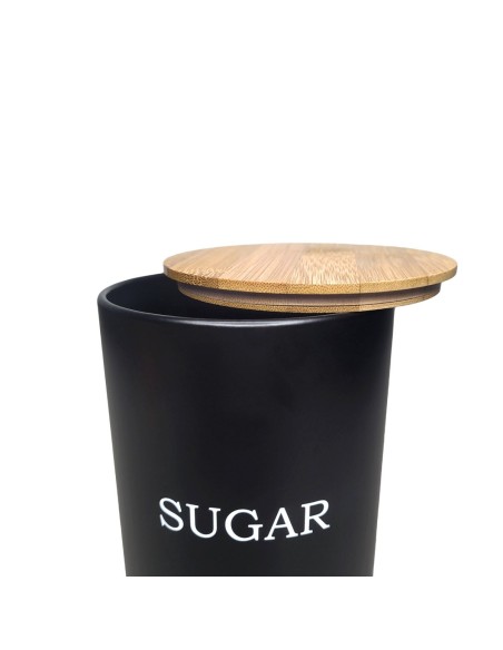 Pote Açucar Porta Mantimento Aço Preto Tampa Bambu Lata 1,4L