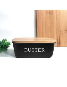 Manteigueira Preto Tampa Bambu Porta Manteiga Pote Aço 500ml 2