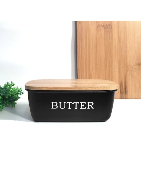 Manteigueira Preto Tampa Bambu Porta Manteiga Pote Aço 500ml