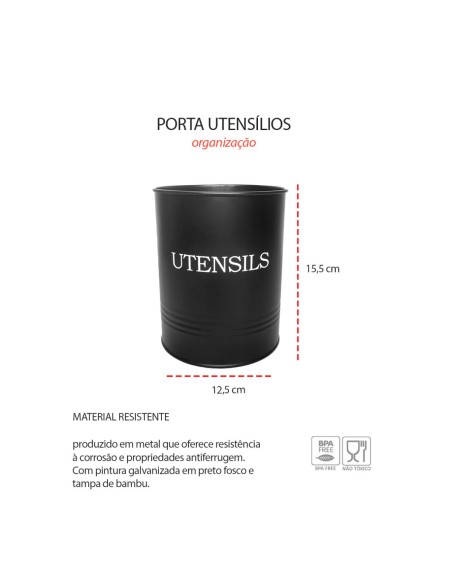 Porta Talheres Utensilios Suporte Organizador Preto Aço