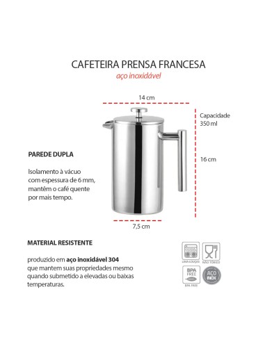 Cafeteira Prensa Francesa Inox Cremeira Leite...