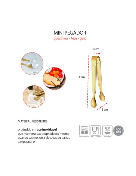 Pegador Dourado Frios Gelo Açucar Mini Pinça Inox Bar Buffet