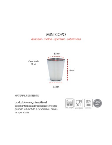 Copo Mini Aço Inox 30ml Cafe Molho Sobremesa...