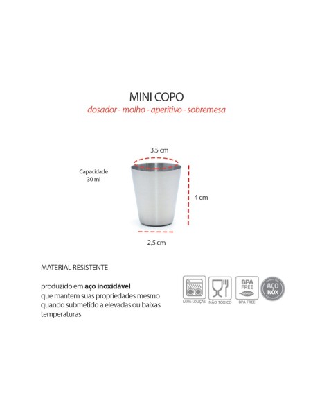 Copo Mini Aço Inox 30ml Cafe Molho Sobremesa Aperitivo 1un
