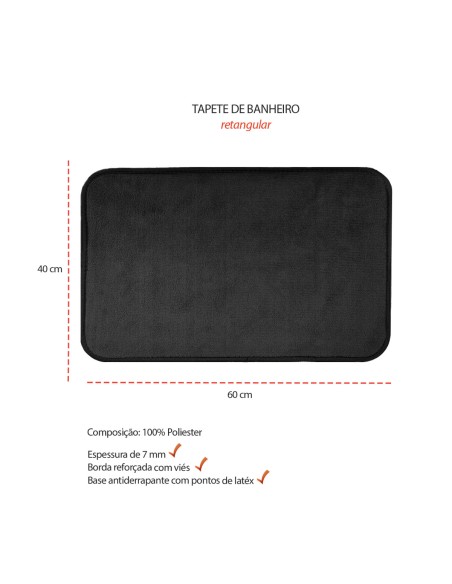 Tapete de Banheiro Preto Antiderrapante Retangular 60x40cm
