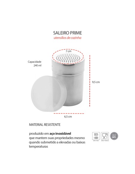 Saleiro Inox Porta Tempero Condimentos e Tampa Transparente 240ml