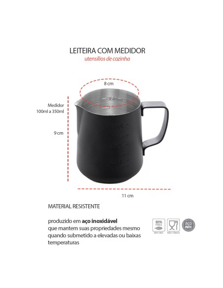 Leiteira Chaleira Bule Medidor Inox Preto Cafeteria Bar 350ml