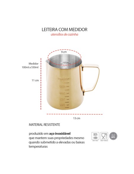 Leiteira Chaleira Bule Dourado Inox Medidor Cafeteria 600ml