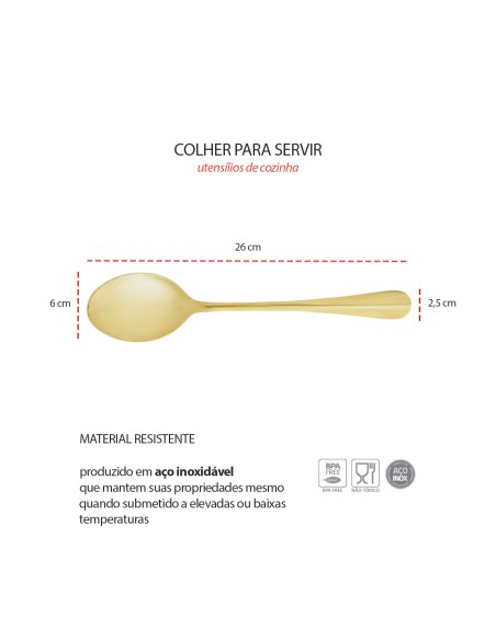 Colher Dourada Servir Arroz Salada Aço Inox Positano