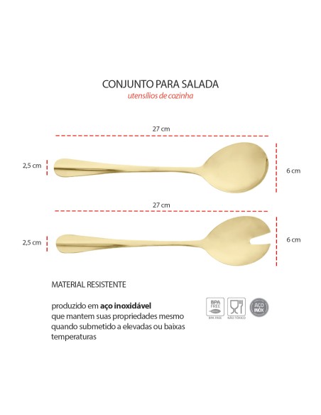 Colher e Garfo Jogo Salada Aço Inox Dourado Positano 2un