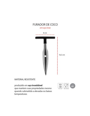 Abridor Furador de Coco Aço Inox Cabo Preto