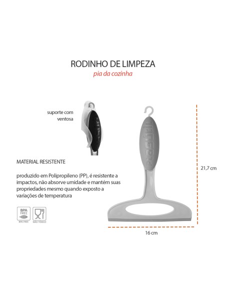 Rodo de Pia Rodinho Cinza Suporte com Ventosa 16cm